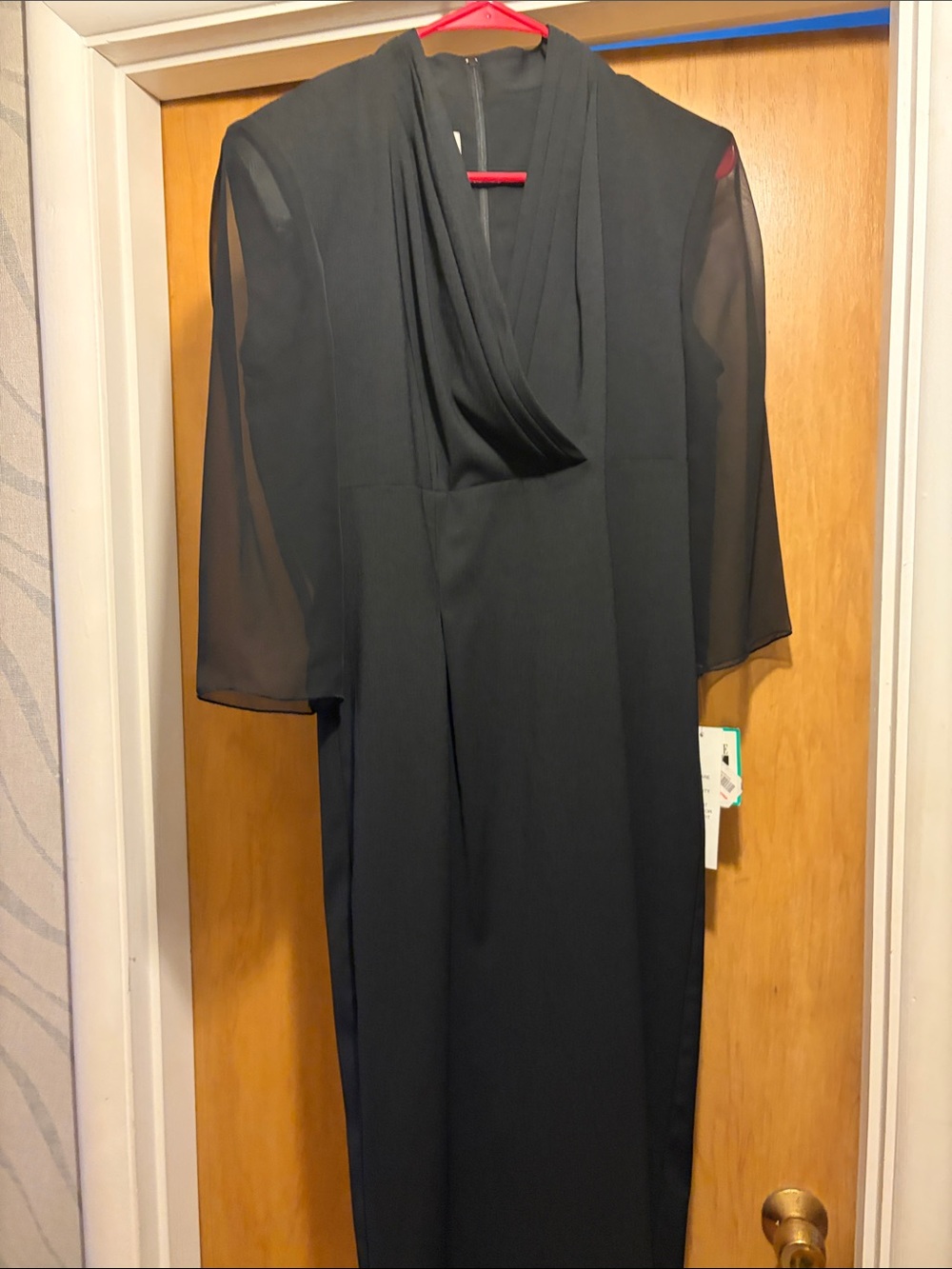 Leslie Fay Black Long-Sleeve Draped Neck Midi Dress